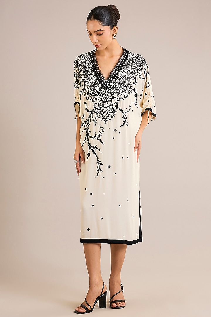 Ivory Silk Hand Embroidered Midi Party Wear Dress by OTT by Tarun Tahiliani at Pernia's Pop Up Shop