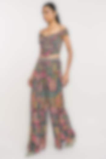 Black Polyester Floral Printed Fluted Corset Top by OTT by Tarun Tahiliani at Pernia's Pop Up Shop