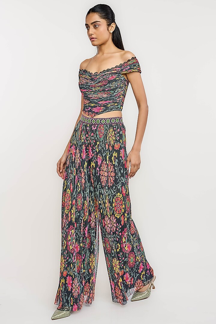 Black Polyester Floral Printed Fluted Corset Top by OTT by Tarun Tahiliani at Pernia's Pop Up Shop