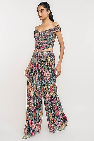 Black Polyester Floral Printed Fluted Corset Top by OTT by Tarun Tahiliani