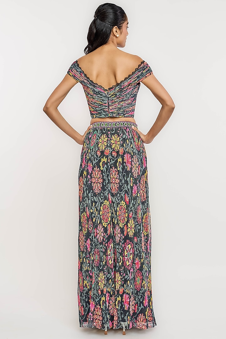 Black Polyester Floral Printed Fluted Corset Top by OTT by Tarun Tahiliani at Pernia's Pop Up Shop
