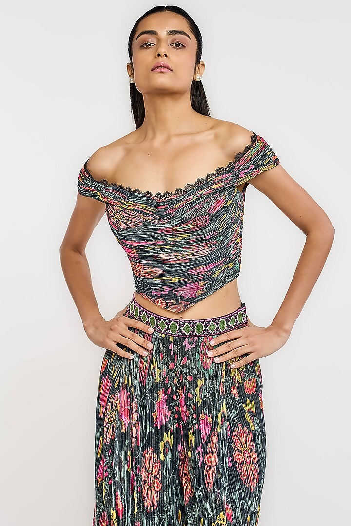 Black Polyester Floral Printed Fluted Corset Top by OTT by Tarun Tahiliani at Pernia's Pop Up Shop