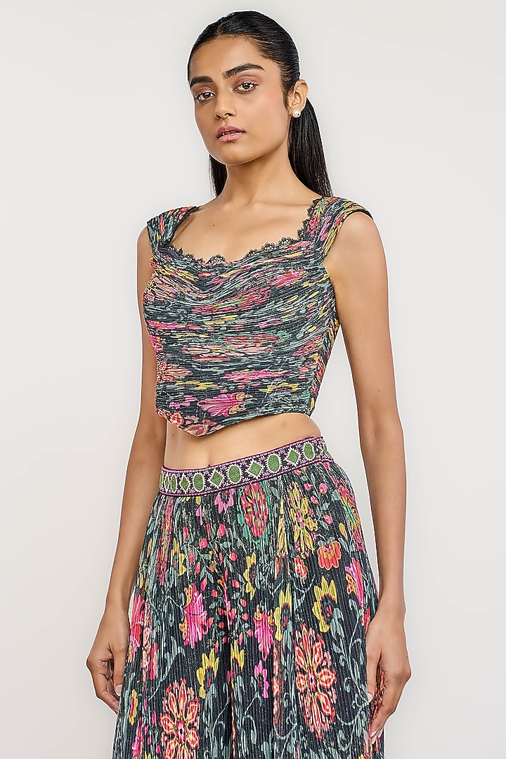 Black Polyester Floral Printed Fluted Corset Top by OTT by Tarun Tahiliani at Pernia's Pop Up Shop