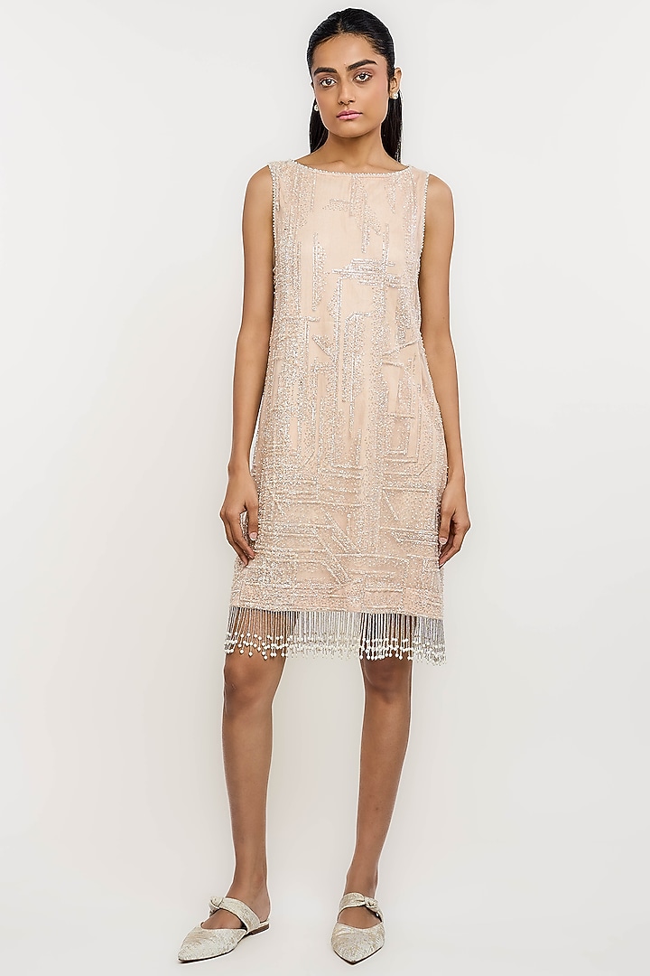 Nude Polyester Pearl & Crystal Embroidered Shift Cocktail Dress by OTT by Tarun Tahiliani at Pernia's Pop Up Shop
