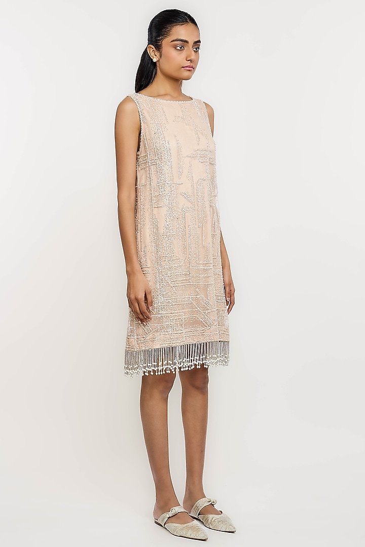 Nude Polyester Pearl & Crystal Embroidered Shift Cocktail Dress by OTT by Tarun Tahiliani at Pernia's Pop Up Shop