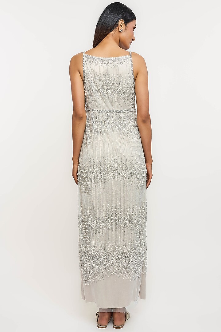 Ivory Polyester Pearl & Crystal Embroidered Maxi Cocktail Dress by OTT by Tarun Tahiliani at Pernia's Pop Up Shop