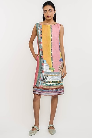 Multi-Colored Linen Archival Printed A-Line Dress by OTT by Tarun Tahiliani