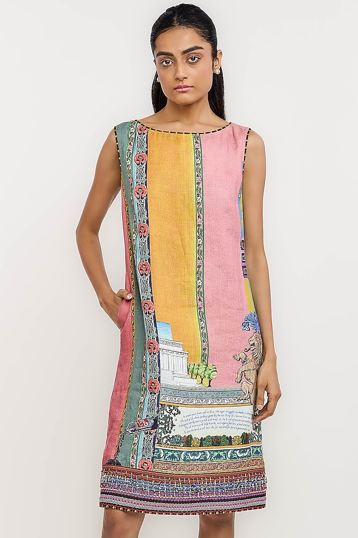 Multi-Colored Linen Archival Printed A-Line Vacation Dress by OTT by Tarun Tahiliani at Pernia's Pop Up Shop