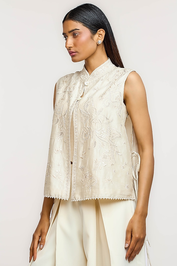 Ivory Cotton & Silk Hand Embroidered Waistcoat by OTT by Tarun Tahiliani at Pernia's Pop Up Shop