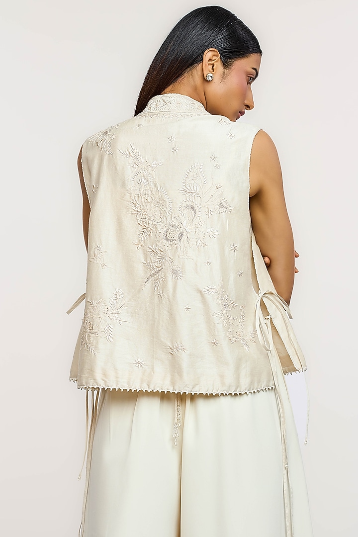 Ivory Cotton & Silk Hand Embroidered Waistcoat by OTT by Tarun Tahiliani at Pernia's Pop Up Shop