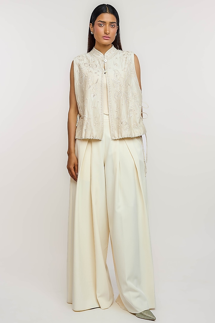 Ivory Cotton & Silk Hand Embroidered Waistcoat by OTT by Tarun Tahiliani at Pernia's Pop Up Shop