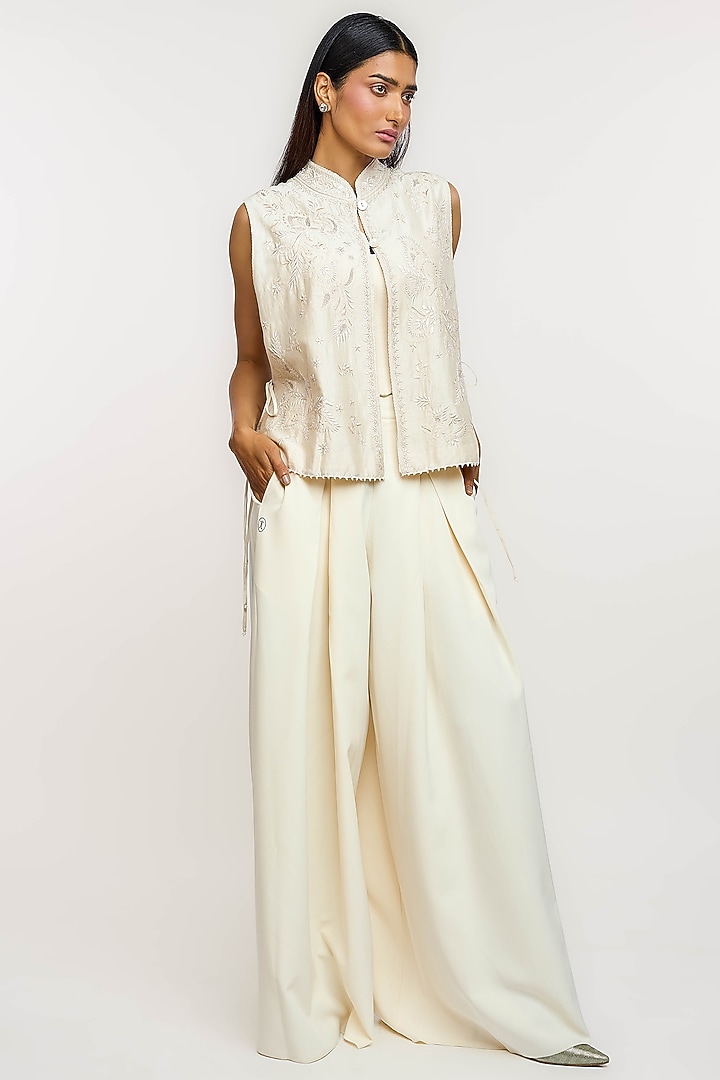 Ivory Cotton & Silk Hand Embroidered Waistcoat by OTT by Tarun Tahiliani at Pernia's Pop Up Shop