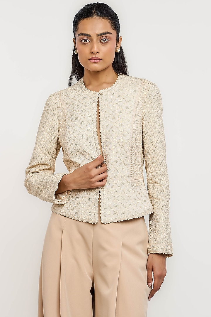 Ivory Linen Hand Embroidered Short Jacket by OTT by Tarun Tahiliani at Pernia's Pop Up Shop