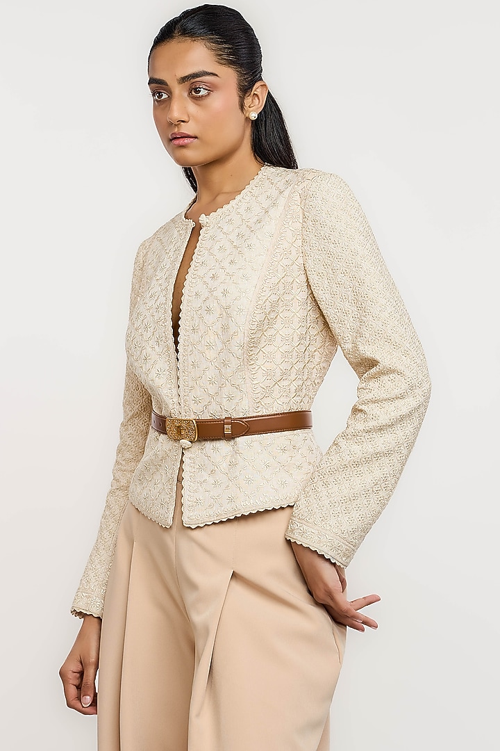 Ivory Linen Hand Embroidered Short Jacket by OTT by Tarun Tahiliani at Pernia's Pop Up Shop
