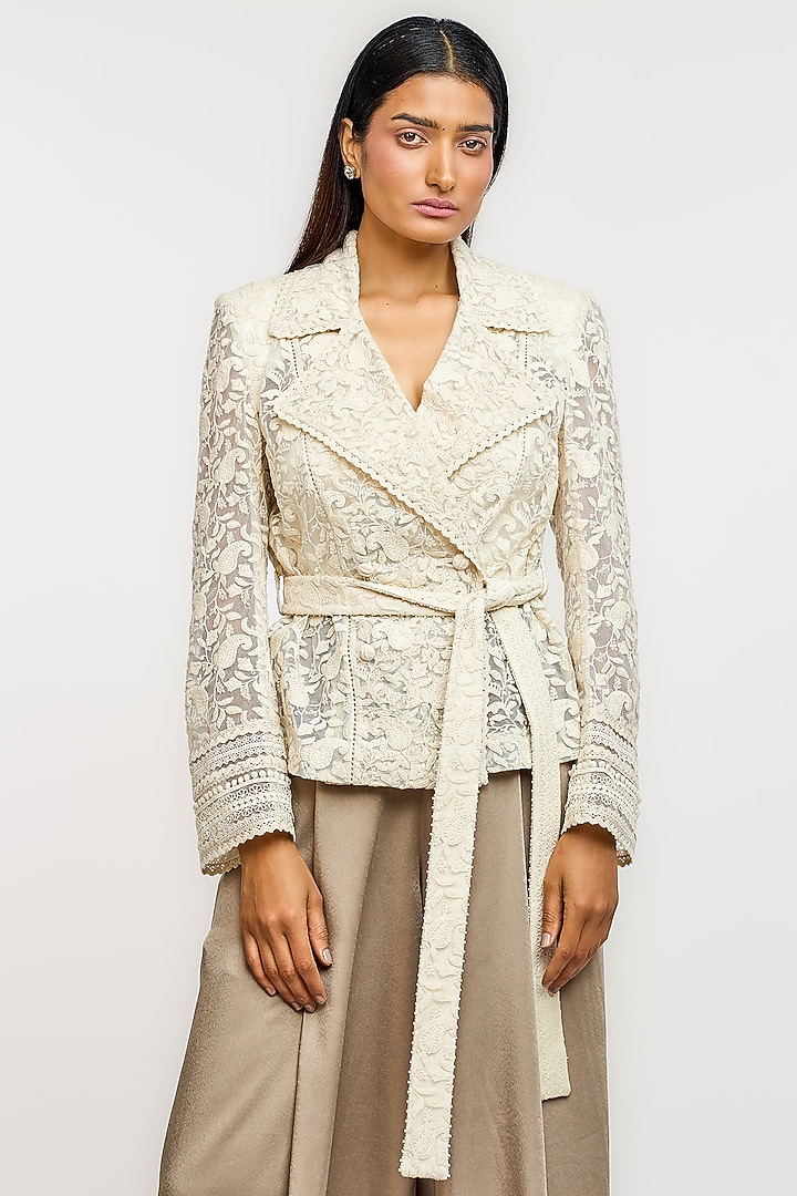 Ivory Cotton & Silk Paisley Embroidered Double-Breasted Jacket by OTT by Tarun Tahiliani at Pernia's Pop Up Shop