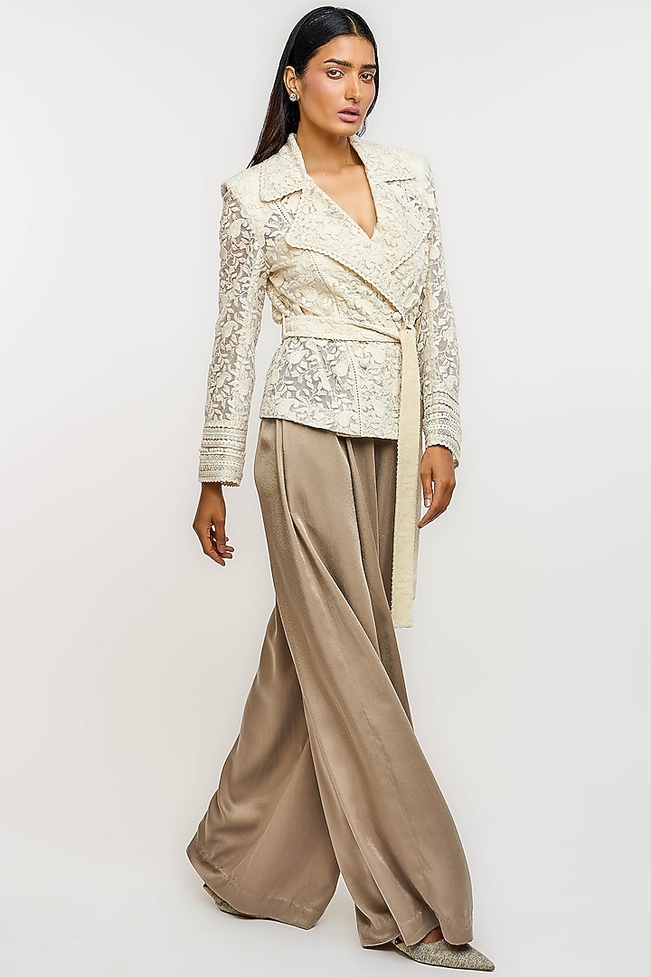 Ivory Cotton & Silk Paisley Embroidered Double-Breasted Jacket by OTT by Tarun Tahiliani at Pernia's Pop Up Shop