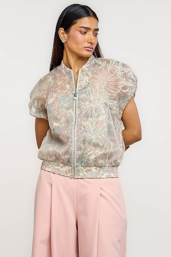 Ivory Nylon Floral Printed Bomber Jacket by OTT by Tarun Tahiliani at Pernia's Pop Up Shop