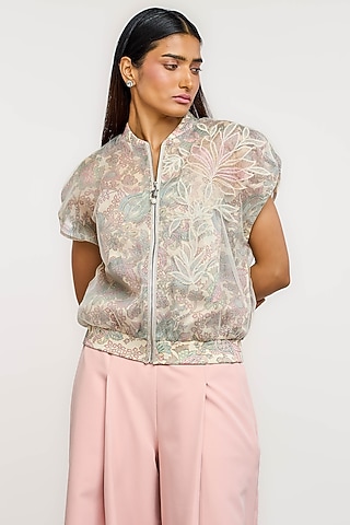 Ivory Nylon Floral Printed Bomber Jacket by OTT by Tarun Tahiliani