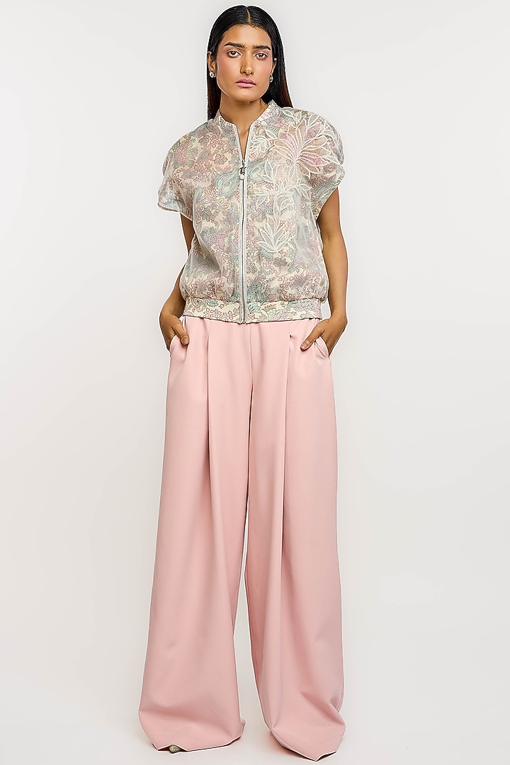 Ivory Nylon Floral Printed Bomber Jacket by OTT by Tarun Tahiliani at Pernia's Pop Up Shop