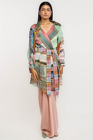 Multi-Colored Silk Archival Art Printed Trench Coat by OTT by Tarun Tahiliani