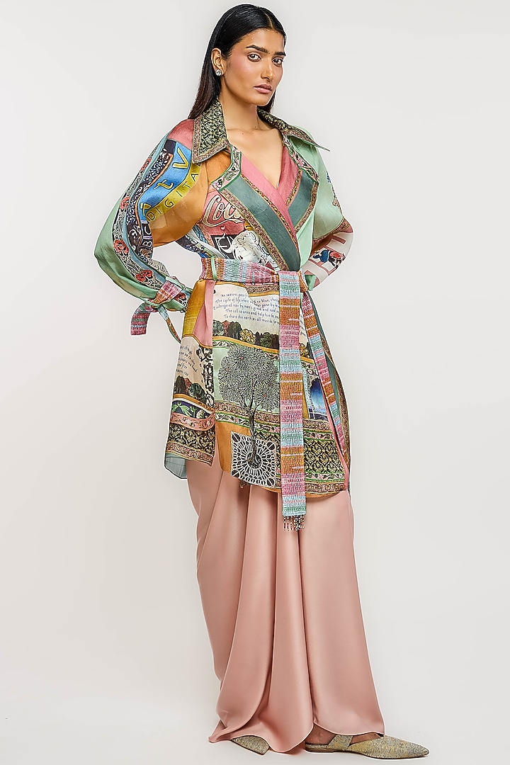 Multi-Colored Silk Archival Art Printed Trench Coat by OTT by Tarun Tahiliani at Pernia's Pop Up Shop