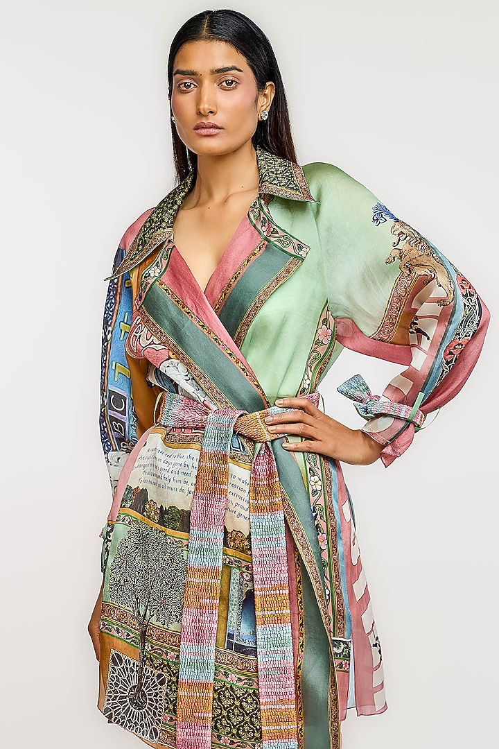 Multi-Colored Silk Archival Art Printed Trench Coat by OTT by Tarun Tahiliani at Pernia's Pop Up Shop