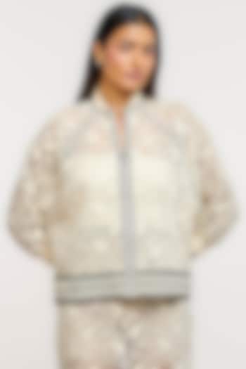 White Nylon Paisley Hand Embroidered Bomber Jacket by OTT by Tarun Tahiliani at Pernia's Pop Up Shop