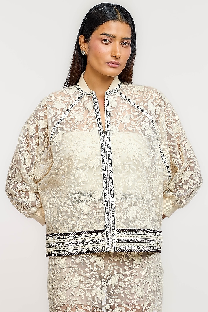 White Nylon Paisley Hand Embroidered Bomber Jacket by OTT by Tarun Tahiliani at Pernia's Pop Up Shop