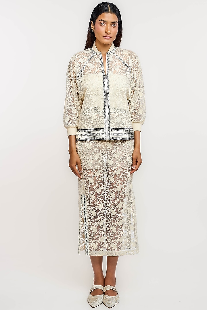 White Nylon Paisley Hand Embroidered Bomber Jacket by OTT by Tarun Tahiliani at Pernia's Pop Up Shop