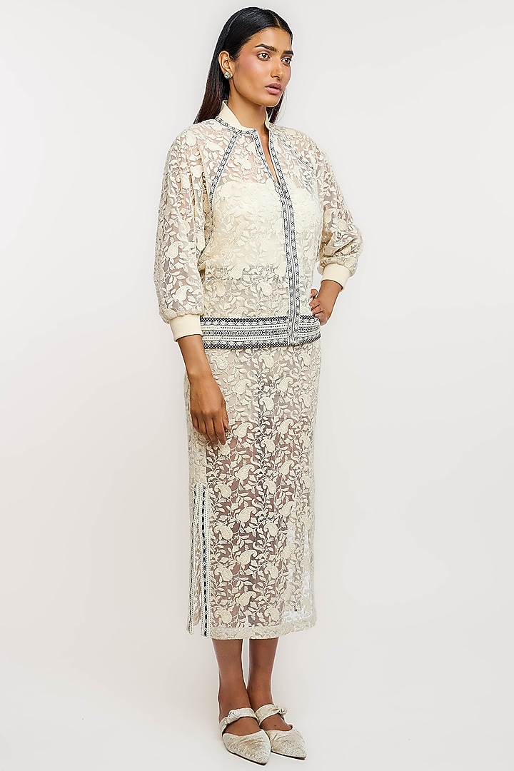 White Nylon Paisley Hand Embroidered Bomber Jacket by OTT by Tarun Tahiliani at Pernia's Pop Up Shop
