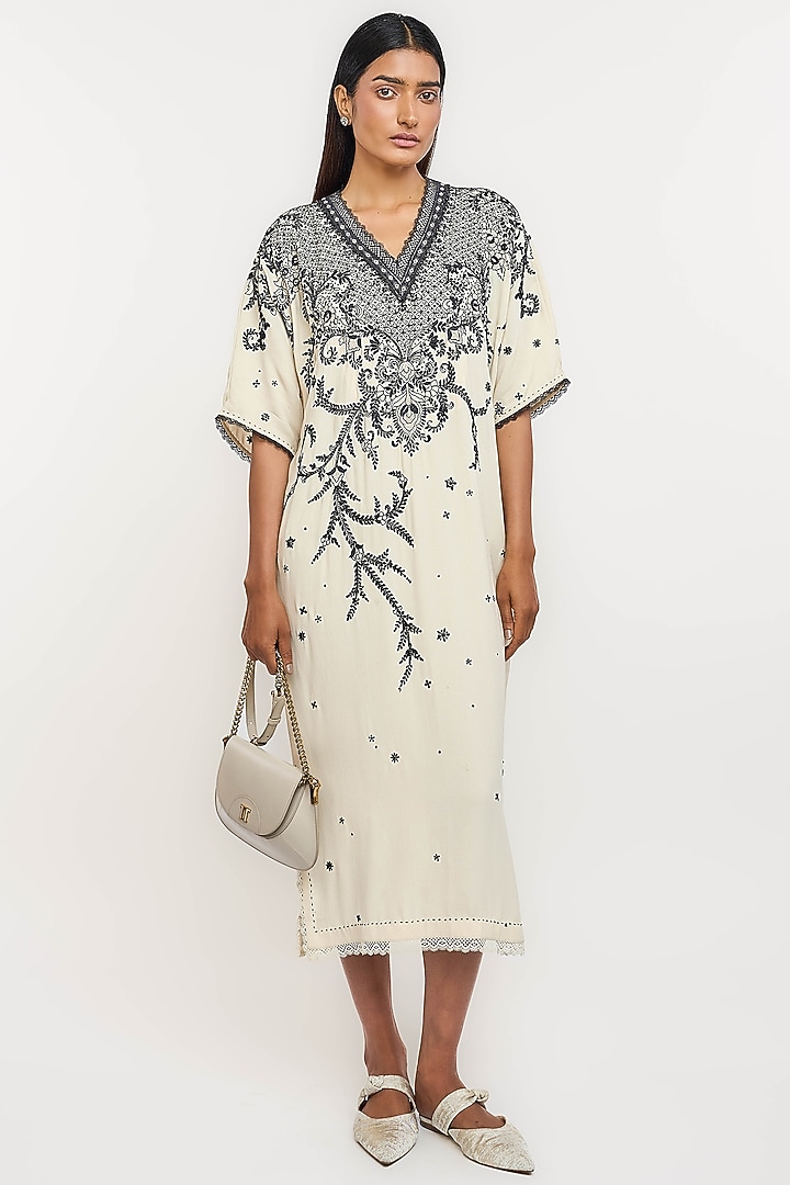 Ivory Silk Georgette Hand Embroidered Midi Party Wear Dress by OTT by Tarun Tahiliani at Pernia's Pop Up Shop