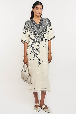 Ivory Silk Georgette Hand Embroidered Midi Dress by OTT by Tarun Tahiliani
