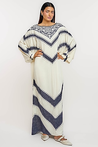 Ivory Silk Georgette Hand Printed Kaftan by OTT by Tarun Tahiliani