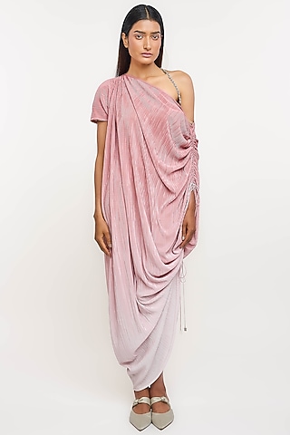 Pink Polyester Crinkle Bomber Draped Kaftan Dress by OTT by Tarun Tahiliani