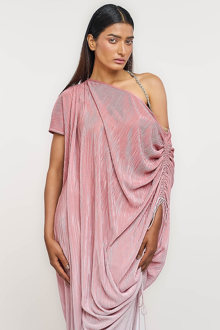 Pink Polyester Crinkle Bomber Draped Kaftan Vacation Dress by OTT by Tarun Tahiliani at Pernia's Pop Up Shop