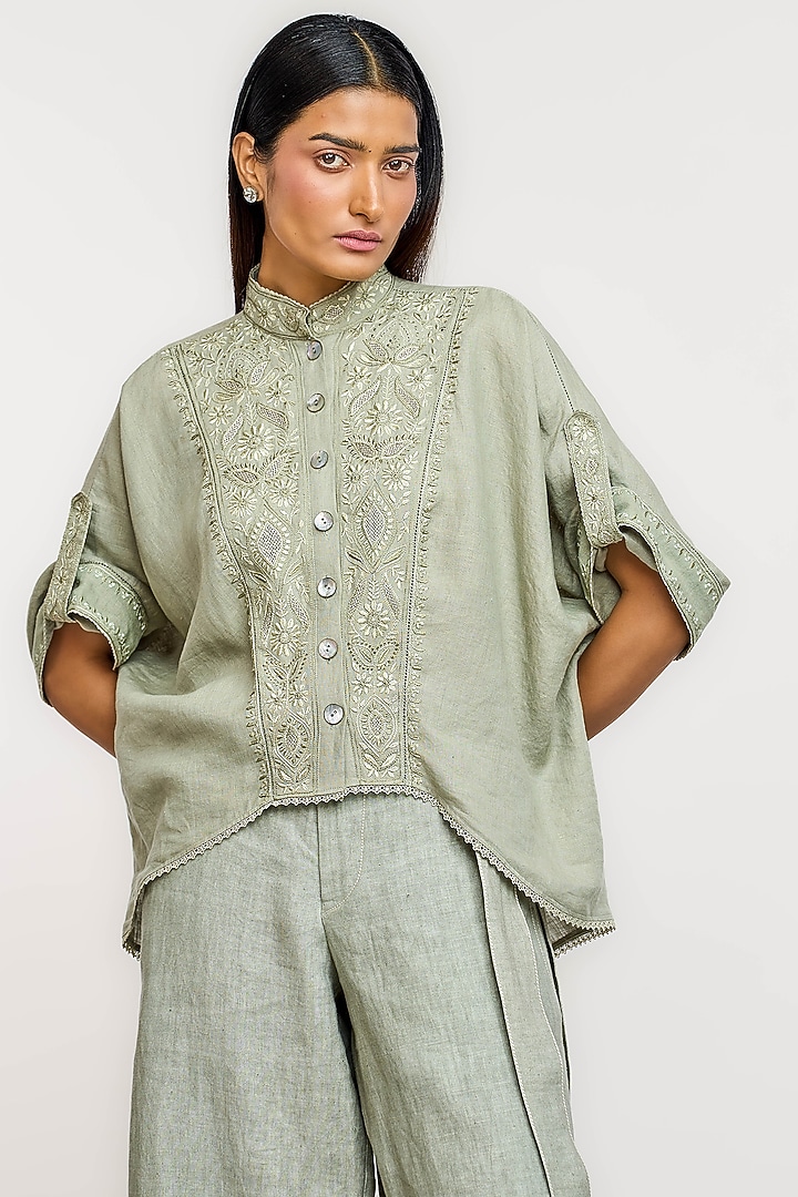 Green Linen Hand Embroidered Shirt by OTT by Tarun Tahiliani at Pernia's Pop Up Shop