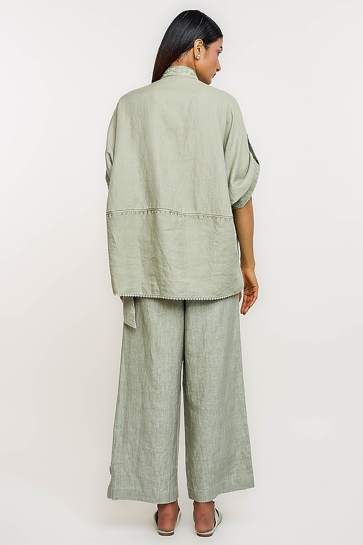 Green Linen Hand Embroidered Shirt by OTT by Tarun Tahiliani at Pernia's Pop Up Shop