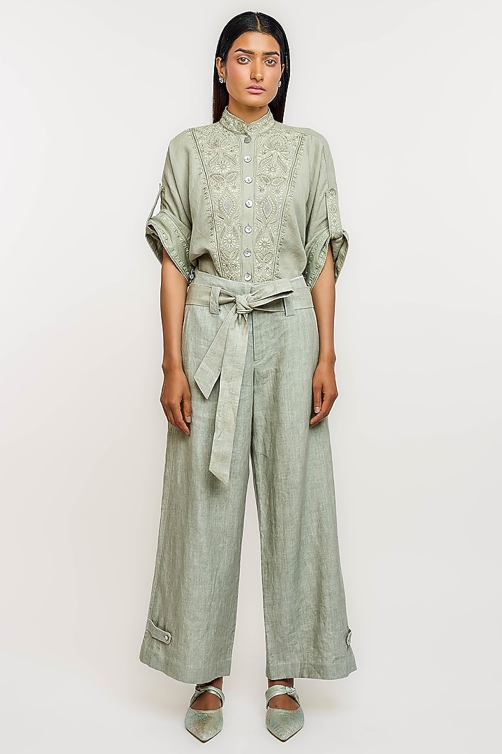 Green Linen Hand Embroidered Shirt by OTT by Tarun Tahiliani at Pernia's Pop Up Shop