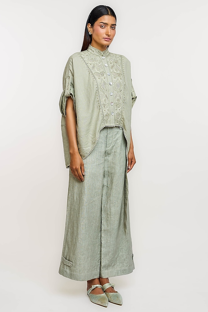 Green Linen Hand Embroidered Shirt by OTT by Tarun Tahiliani at Pernia's Pop Up Shop