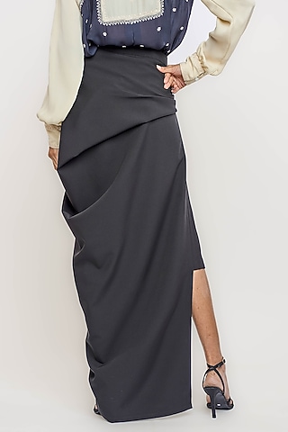 Black Polyester Asymmetric Draped Skirt by OTT by Tarun Tahiliani