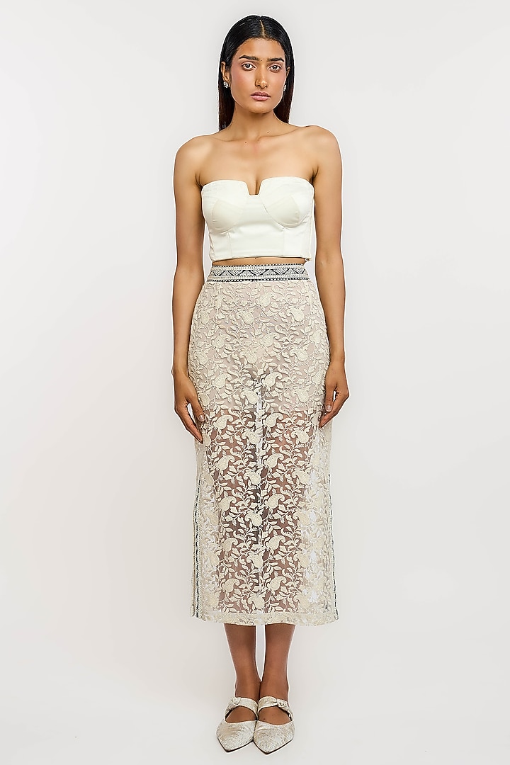 Ivory Nylon Thread Embroidered Pencil Skirt by OTT by Tarun Tahiliani at Pernia's Pop Up Shop