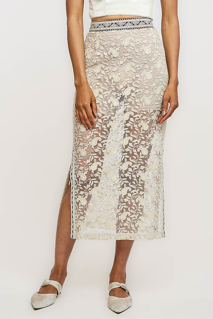 Ivory Nylon Thread Embroidered Pencil Skirt by OTT by Tarun Tahiliani at Pernia's Pop Up Shop