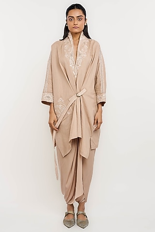 Olive Green Linen Hand Embroidered Tunic by OTT by Tarun Tahiliani