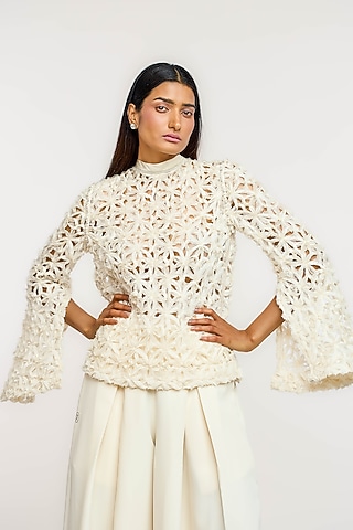 Ivory Polyester 3D Floral Embroidered Top by OTT by Tarun Tahiliani
