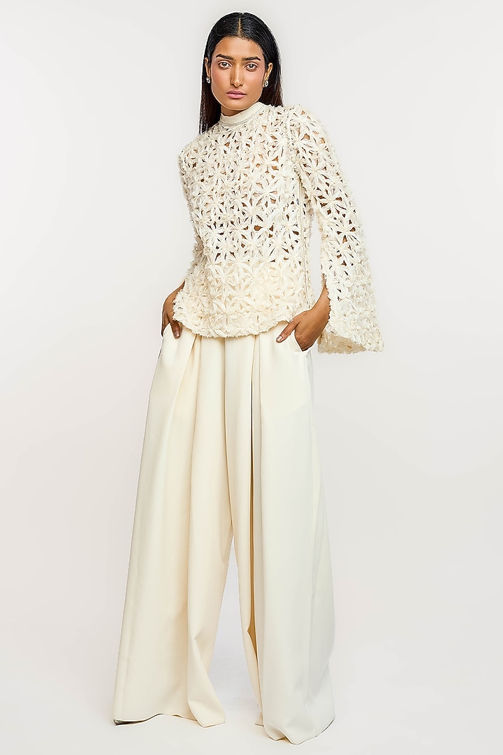 Ivory Polyester 3D Floral Embroidered Top by OTT by Tarun Tahiliani at Pernia's Pop Up Shop