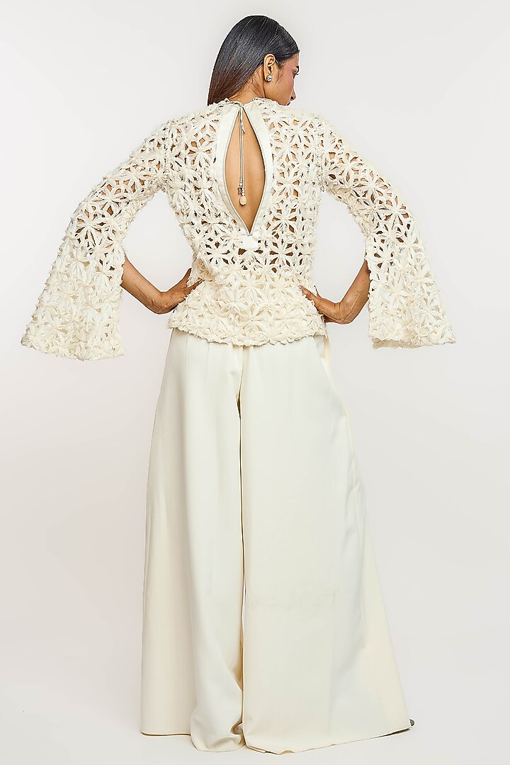 Ivory Polyester 3D Floral Embroidered Top by OTT by Tarun Tahiliani at Pernia's Pop Up Shop