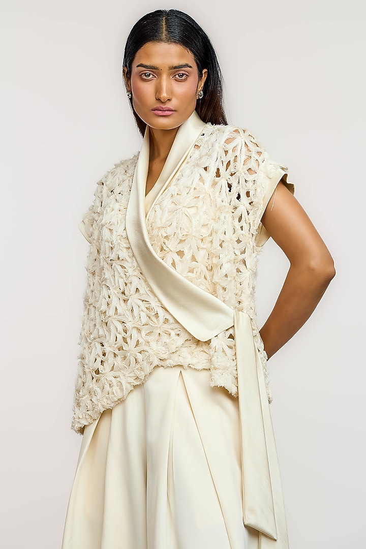 Ivory Polyester 3D Floral Embroidered Wrap Top by OTT by Tarun Tahiliani at Pernia's Pop Up Shop