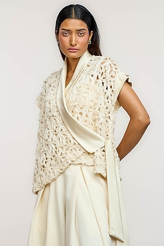 Ivory Polyester 3D Floral Embroidered Wrap Top by OTT by Tarun Tahiliani