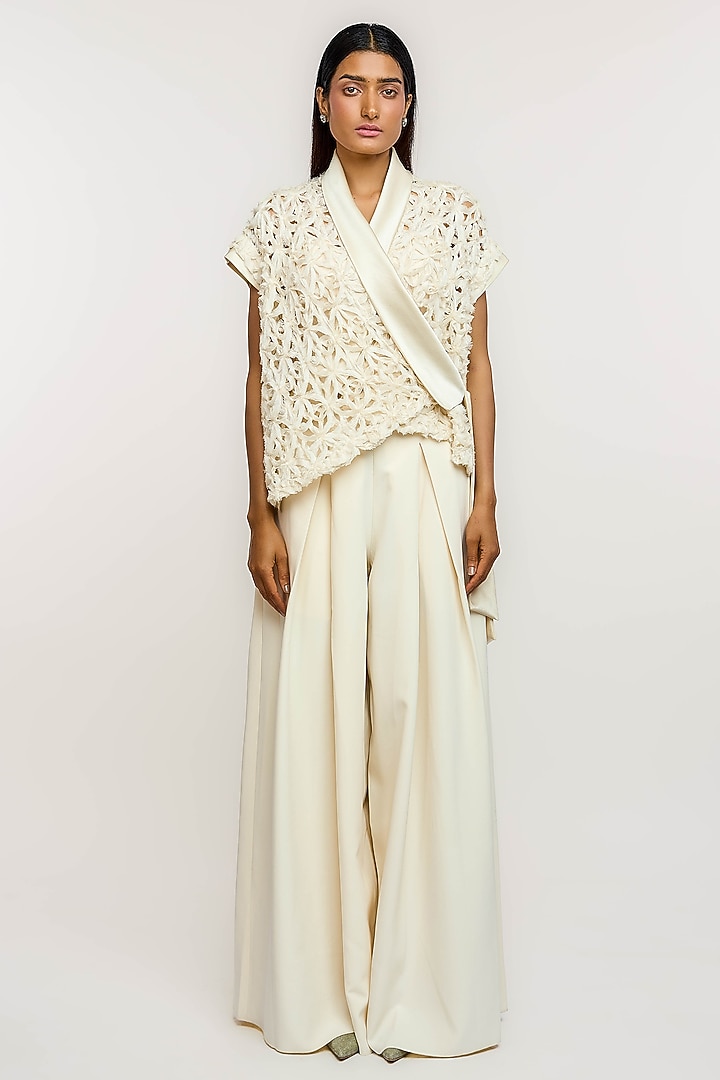 Ivory Polyester 3D Floral Embroidered Wrap Top by OTT by Tarun Tahiliani at Pernia's Pop Up Shop