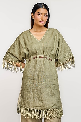Olive Green Linen Fringed Top by OTT by Tarun Tahiliani